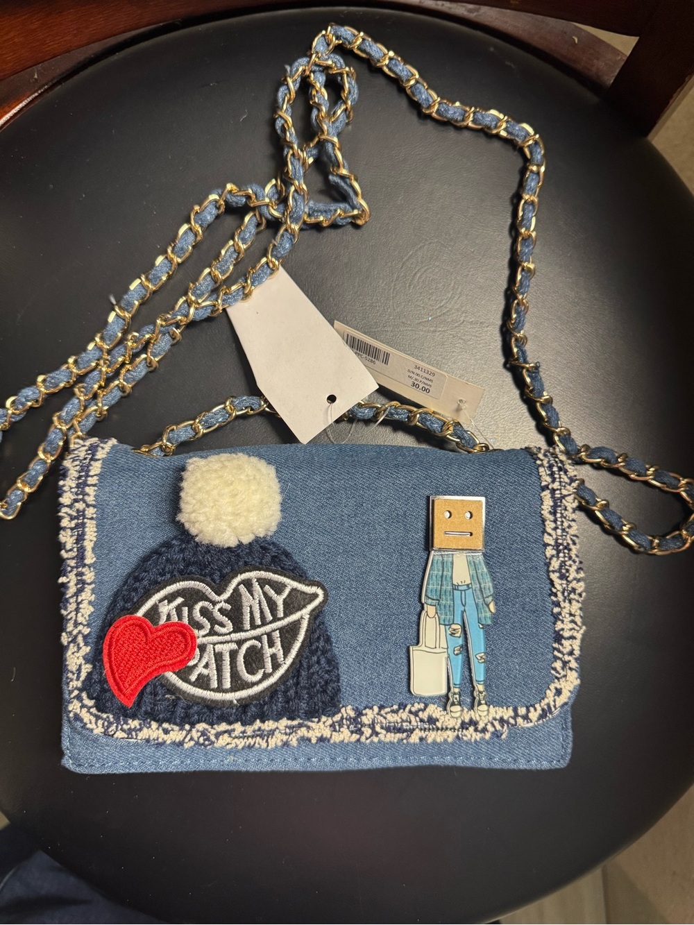 Blue Denim women’s Crossbody Bag with Patches and Pom Pom